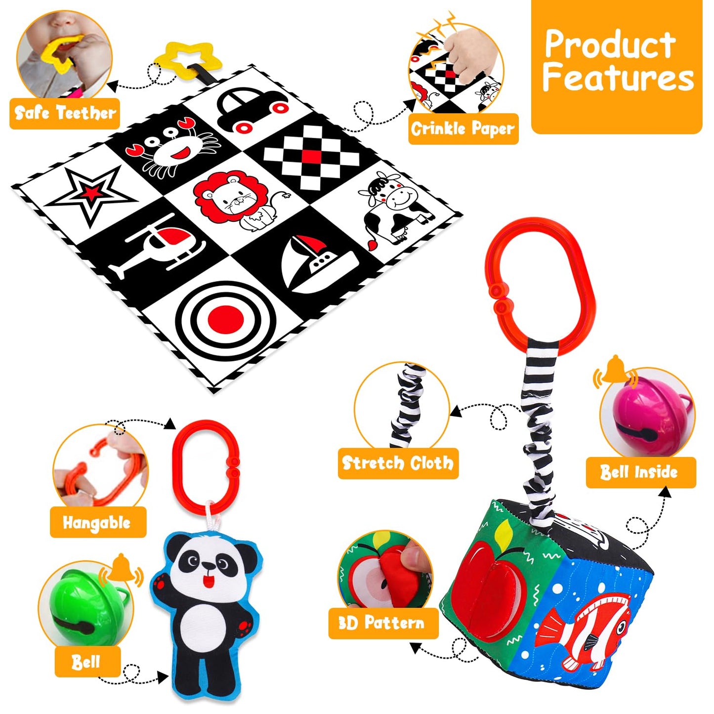 4 PCS Black and White High Contrast Baby Toys 0-3-6 Months Newborn Essential Toy for Babies Crinkle Sensory Book Brain Development Tummy Time Mirror Infant Carseat Rattle Shower Easter Gifts Boy Girl