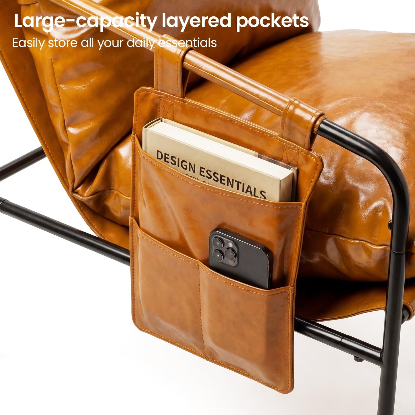 HavBeat Modern Bright Orange Oversized Faux Leather Recliner Armchair, Comfy Accent Chair with Sturdy Metal Frame Armrest Bag, Indoor Outdoor Couch Sofa Chair for Living Room Bedroom Patio Lounge