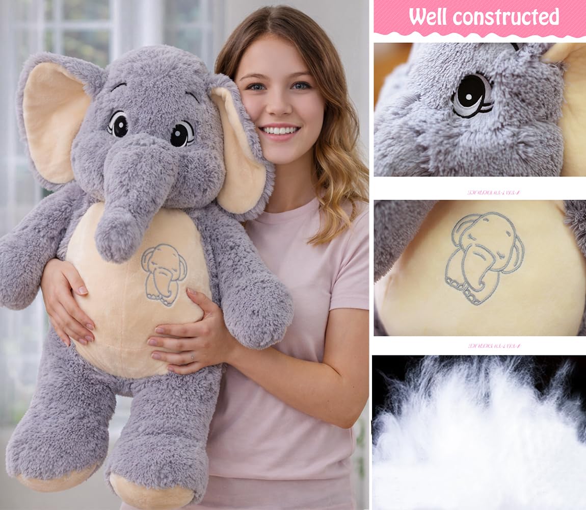 Large Soft Huggable Elephant Plush Toy, 27'' - Cute Fluffy Stuffed Elephant for Baby Girls & Boys, Gifts for Birthday, Mother's Day, Christmas