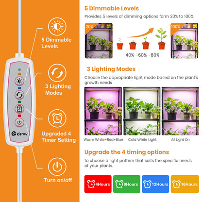 Eurbolan LED Grow Light Strip, 20W Full Spectrum Plant Lights With Red Blue White LEDs, 210 LEDs Grow Light Strips for Indoor Plants with 4/8/12/16H Auto Timer,3 Switch Modes, 5 Dimming Levels,2 Pack.