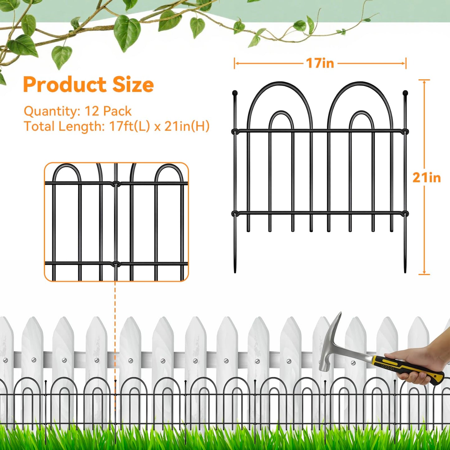 12 Pack Animal Barrier Fence, 17ft(L) x 21in(H) No Dig Garden Fence Panels with Decorative Arch Design for Dogs Rabbits, Rustproof Metal Garden Fencing for Outdoor, Lawn, Patio