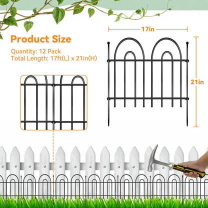 12 Pack Animal Barrier Fence, 17ft(L) x 21in(H) No Dig Garden Fence Panels with Decorative Arch Design for Dogs Rabbits, Rustproof Metal Garden Fencing for Outdoor, Lawn, Patio