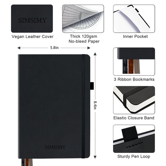 SIMSIMY Premade Dotted Journal Notebook with Bullet Templates, Pre-made Dot Grid Journaling with Undated Weekly & Monthly Planner, Various Trackers, Lasts 1 Year, A5