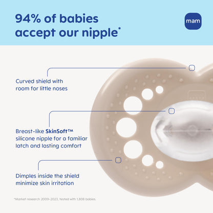 MAM Original Matte Baby Pacifiers 6-16 Months, Binky for Newborn Babies, BPA-Free Skin Soft Silicone Nipple, Easy to Clean, Developed with Medical Experts, 4 Count, Made in Europe
