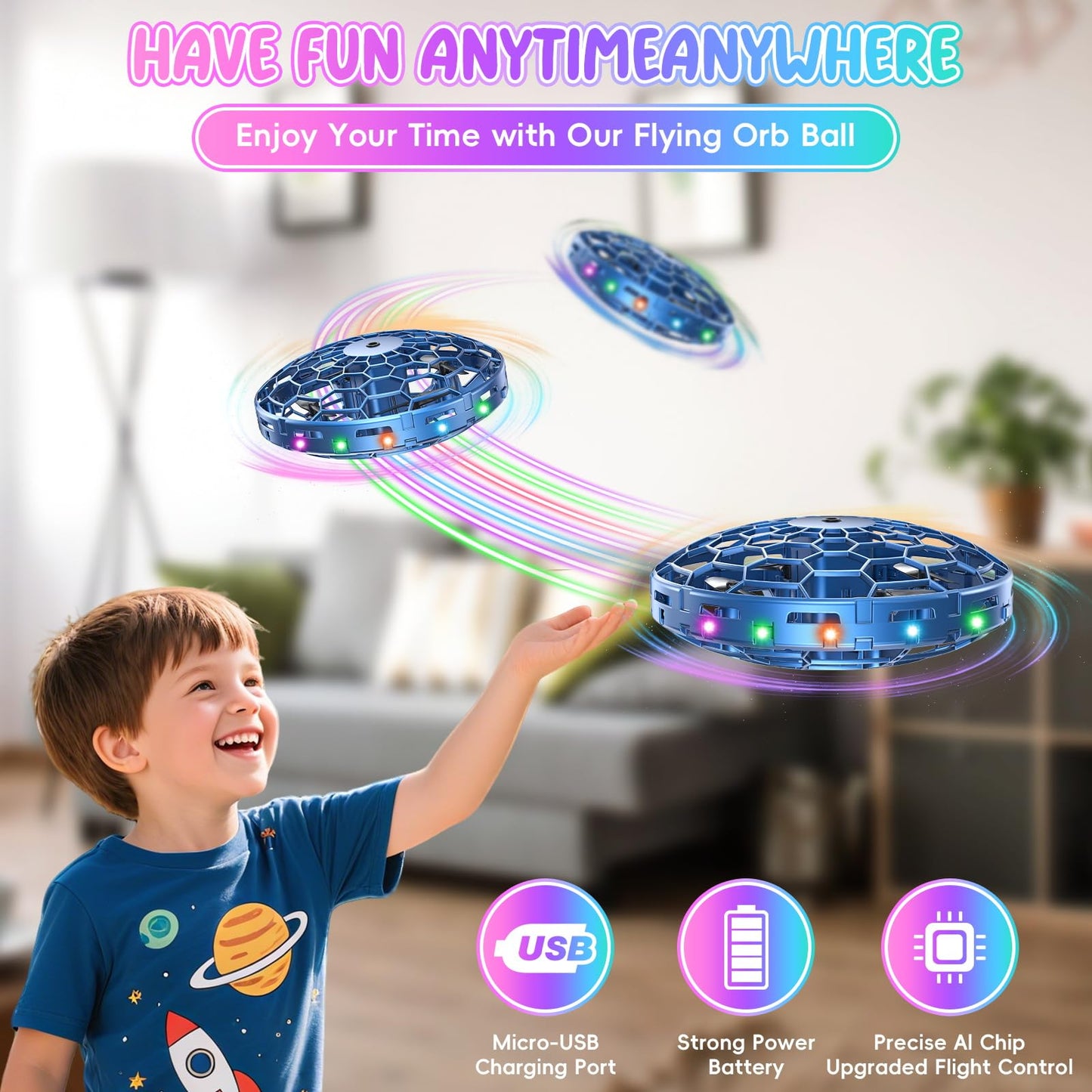 TSM005 Mini Drone for Kids,Hand Operated UFO Toy with LED, Easy Indoor Outdoor Flying Toys,Flying Orb Ball UFO Drone for Kids 6-8-12,Cool Christmas Birthday Gifts for Boys Girls(Blue and Purple)