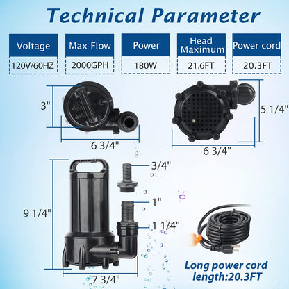 WaterRebirth (PB2000,2000GPH) High Flow Submersible Water Pump-Home/Inline Water Pump-Submersible Pump-Water Transfer Pump-Aquarium Pump