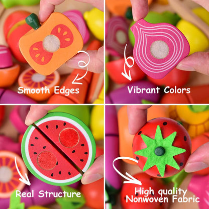 FUN LITTLE TOYS 35PCS Wooden Play Food for Kids Kitchen, Pretend Cutting Food Toys with Wooden Tray, Dishes and Knife for Kids, Pretend Play Food for Christmas Birthday Gifts