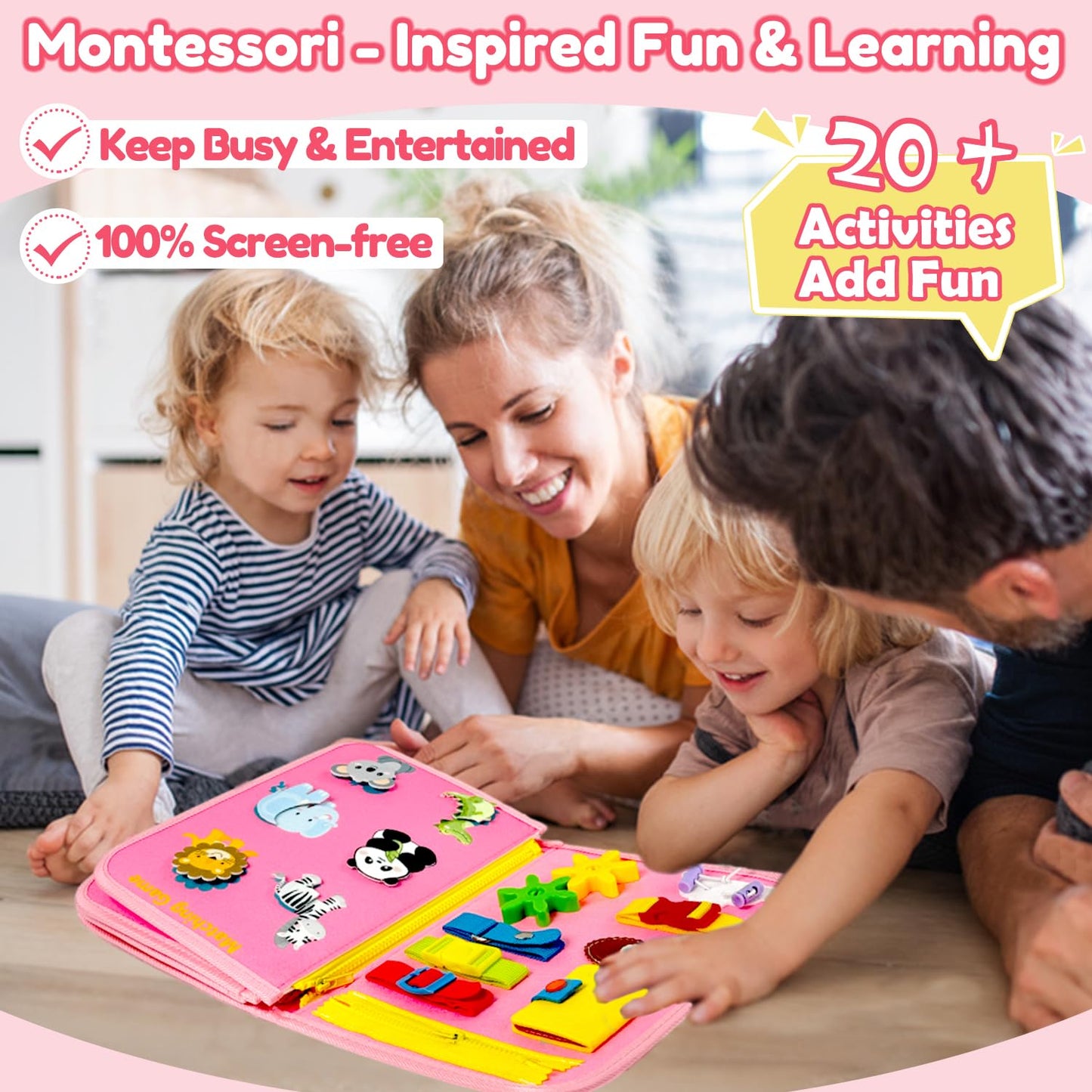 Qizfun Toddler Busy Board Montessori Toys – Sensory Busy Book, Educational Learning Travel Toy for Airplane & Car, Keeps Toddlers Engaged, Birthday Gifts for Toddler Girls