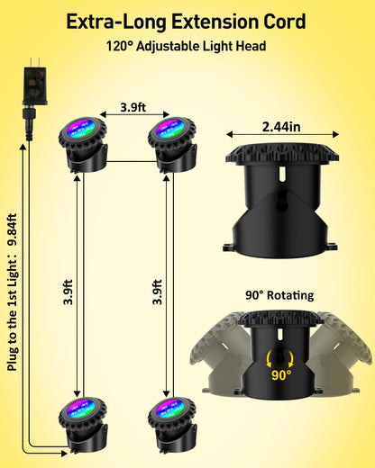 T-SUN Colored Pond Lights, Bright LED Underwater Pond Light Submersible Fountain Lights APP and Remote Control,Dimmable,Timer, IP68 Waterproof Fish Tank Light for Aquarium Fountain Garden (4-Head)