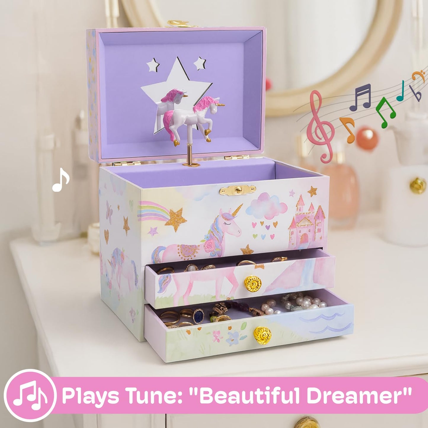 Jewelkeeper Enchanting Unicorn Musical Jewelry Box for Girls - Sparkling Rainbow Design Music Box with 2 Pullout Drawers to Store Earrings, Necklace and Bracelets - Plays The Beautiful Dreamer Tune
