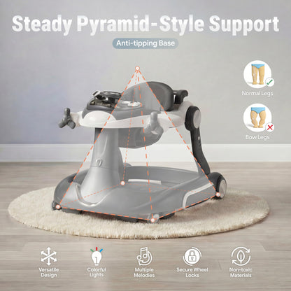 TODECARE 7 in 1 Baby Walker, Foldable Jumper Activity Center with Adjustable Height, Music, Lights, Speed Control, Detachable Play Tray, Infant Push Walker with Wheels for Boys Girls (Gray)