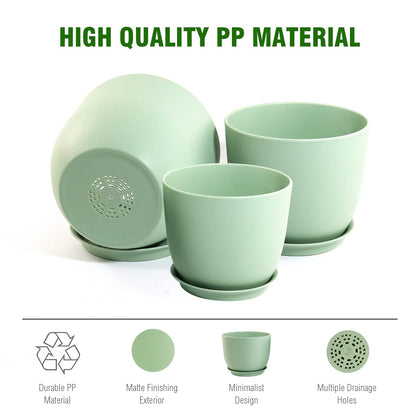 WSMKSZ Medium Plant Pots 10/9/8 inch, Flower Pots for Indoor Outdoor Plants, Set of 3 Modern Decorative Plastic Planters with Drainage Holes and Saucers for House Porch Garden Plants, Green