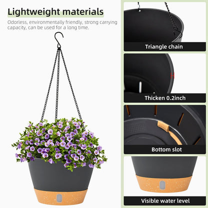 QCQHDU 2 Pack 10 Inch Hanging Planters for Indoor Outdoor Plants, Hanging Baskets Flower Pots with Reservoir Tray & Visible Water-Level