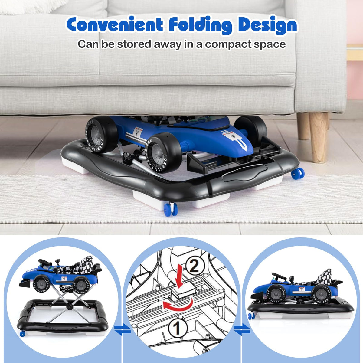 HONEY JOY Baby Walker, 4-in-1 Foldable Infant Activity Push Walker, Toddler Car Walker with Adjustable Heights, Music, Lights, Padded Seat, Baby Walker with Wheels for Boys Girls 6-18 Months (Blue)