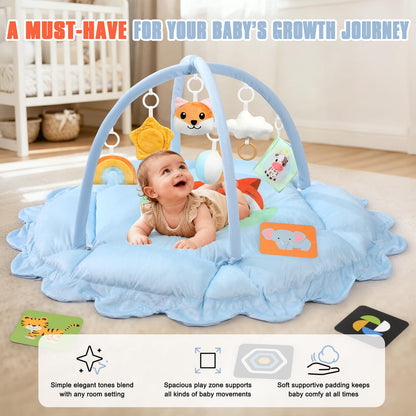 5-in-1 Baby Gym Play Mat with Cartoon Pattern, Extra Thick Plush Tummy Time Activity Gym with Hanging Toys, Sensory Development & Motor Skills Training Floor Mat, Fox