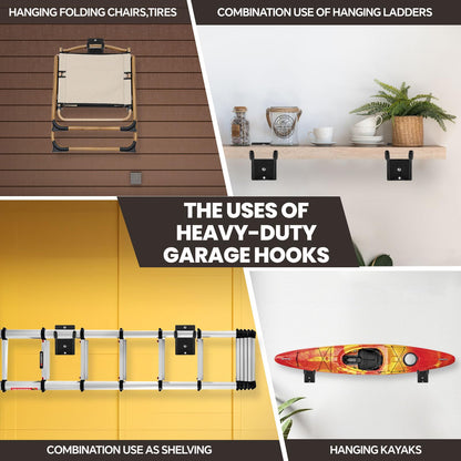 FancyEagle 14" Large Heavy Duty Garage Hooks, 4-Pack Steel Garage Storage Hooks with Support Rods, Utility Wall Mount Hangers for Power Tools, Car Tires, Ladders, Chairs, Garden Tools and More