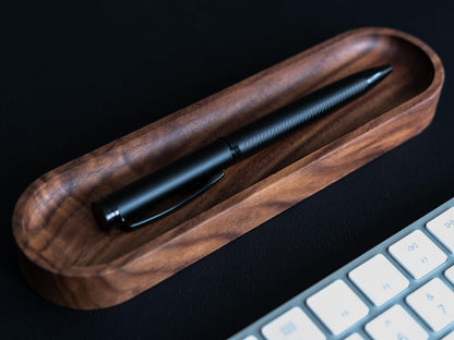 Timber Box Design Walnut Wood Pen Tray, Minimalist Oval Wooden Pencil Holder, Office Desk Organizer, Writing Instrument Rest, Work Student Teacher Gift