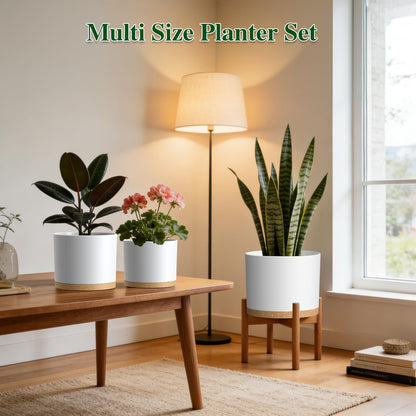 KUGAZ Plant Pots, 10/9/8 Inch 3 Pack Cylindrical Flower Pots with Drainage Holes and Saucers, Plastic Planters for Outdoor Indoor Plants,White Brown