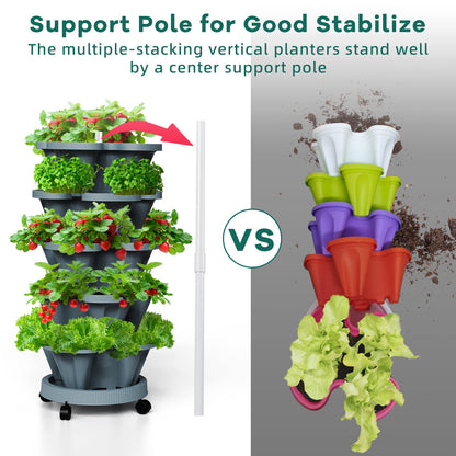 Tectsia 7 Tiered Strawberry Vertical Planters Tower Garden 2 Pack, Stacking Herb Vegetable Planter with Support Pole Indoor and Outdoor - Dark Grey