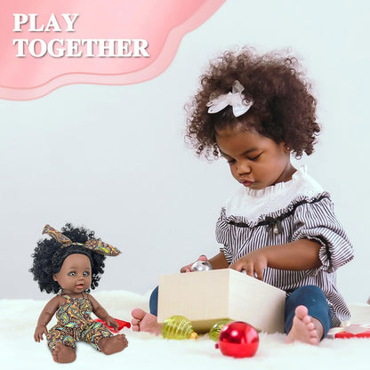 Nice2you Black Baby Doll, 10 inch American African Girl Doll with Dress, Realistic Reborn for Kids Aged 2 3 4 5 6, Silicone Small Toy Curly Hair Birthday Gift, Brown, BD-1