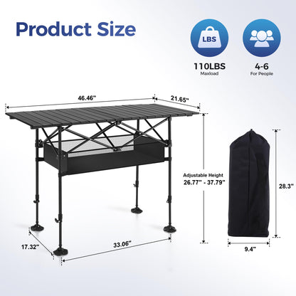 ALPHA CAMP Camping Table Outdoor Portable Adjustable Aluminum Table with Storage for Grill Travel Picnic Beach BBQ Backyards