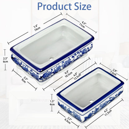 Set of 2 Blue & White Ceramic Bonsai Pots, 7.4" & 4.9" Rectangular Bonsai Planters Pots with Drainage for Outdoor Decor, Small Shallow Bonzie Tree Pot for Succulents, Cacti, Orchids, Herbs Plant Pot