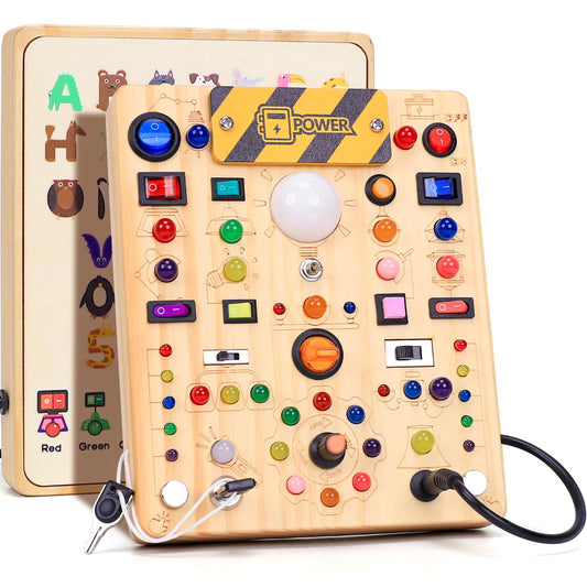 Busy Board with LED Light Switches, Montessori Toys for 1 2 3 Years Old, Toddlers Wooden Toy Sensory Activity Board, Travel Toys for 1+ Year Old Boy & Girl Birthday Gift (19 Switches)