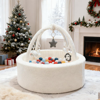 MEOGETY Baby Ball Pit with 5 Hanging Toys & Removable Play Arch for Toddlers Soft Foam Activity Center for Girls Boys Great Gift, Easy to Assemble & Clean, Teddy White