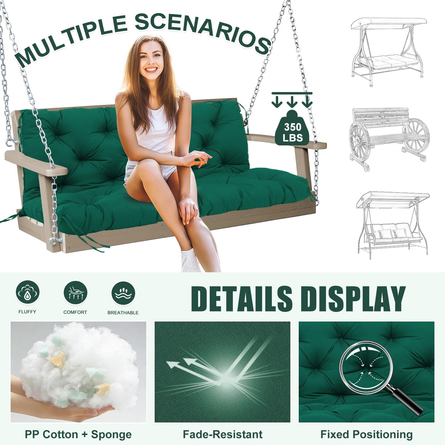 Porch Swing Cushions Outdoor 60 inch x 40 Waterproof Swing Cushions 3 Seater Replacement with Backrest & 8 Ties 5" Thick Bench Swing Cushions for Outdoor Furniture Patio(Dark Green)