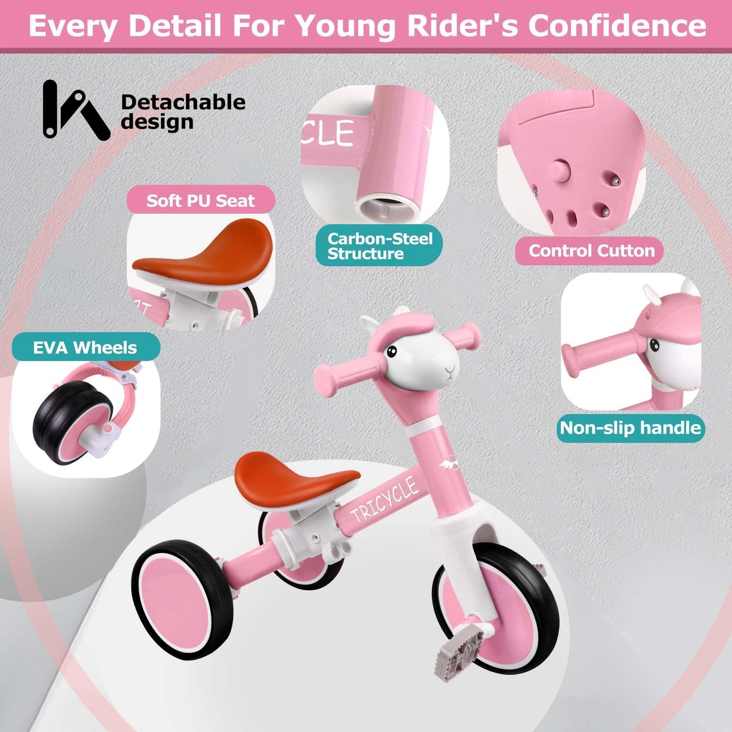 Toddler Balance Bike with Light & Music, Tricycle for Toddlers 1-5 Year Olds, Toddler Tricycle for Boys Girls, Kids Bicycle with Removable Pedal, Birthday Gifts for 1 2 3 4 5 Year