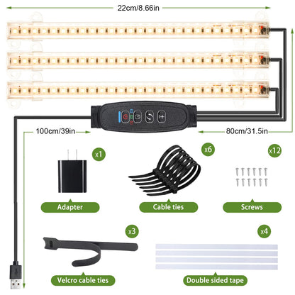 8.6'' LED Grow Light Strips, Full Spectrum 3500K Grow Lights for Indoor Plants, 3 Head with 3/9/12H Timer, 10 Dimmable Levels, Suitable for Seedling, Succulent, Plant Shelf and Greenhouse, 1-Pack