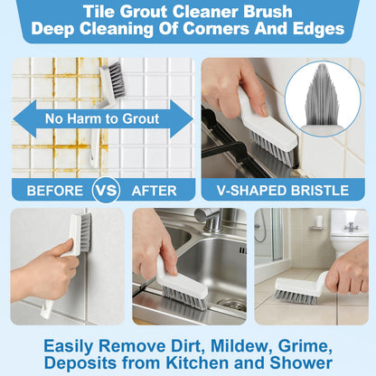 JiedHiur 11Pcs V-Shaped Grout Cleaning Brush Set, with Stiff Bristles Crevice Cleaning Brush and Steel Scraper, Cleaning Supplies for Cleaning Bathrooms, Kitchens, Tiles and Windows