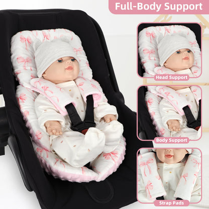 DAYEEBALL Infant Car Seat Insert Cushion, Baby Car Seat Head Body Support for Girls & Boys, Reversible Newborn Car Seat Insert with 2 Extra Strap Paddings, Premature Car Seat Cushion, Pink Bow