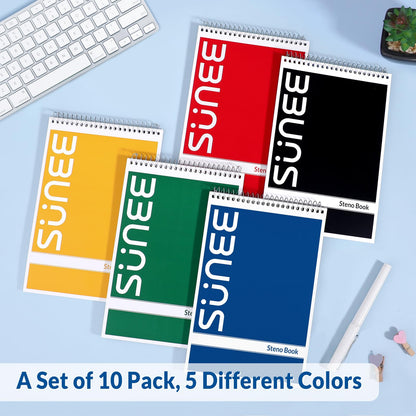 SUNEE 10 Pack Steno Pads 6x9, Gregg Rule, 60 Sheets, Spiral Notebook 6x9, White Paper, Take Notes with Top Spiral Notebook, for School, University, College, Work, Office, Classic Color