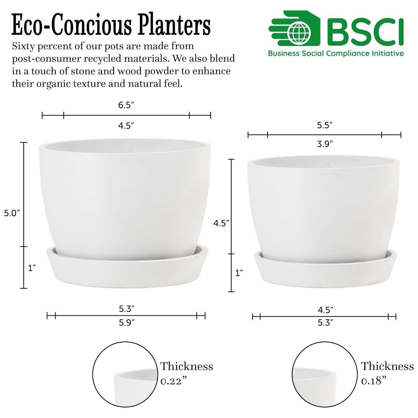 Kin 'n' Kind Plastic/Stone/Wood Composite Round Plant Pots, Set of 2 (6.5" & 5.5") with Drainage and Saucers – Indoor/Outdoor Recycled Planters - Ventura Mist White