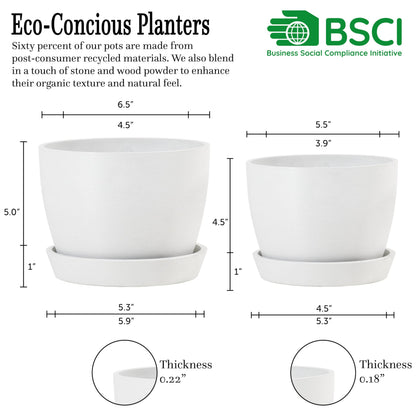 Kin 'n' Kind Plastic/Stone/Wood Composite Round Plant Pots, Set of 2 (6.5" & 5.5") with Drainage and Saucers – Indoor/Outdoor Recycled Planters - Ventura Mist White