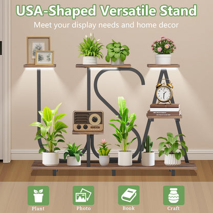 NUNUDA Plant Stand Indoor with Grow Lights - Enlarged 6 Tiered Plant Shelf with Grow Light, 32" USA-Shaped Plant Stand Holds 12 POTS Indoor Plants, Metal Plant Shelf for Home, Living Room, Patio