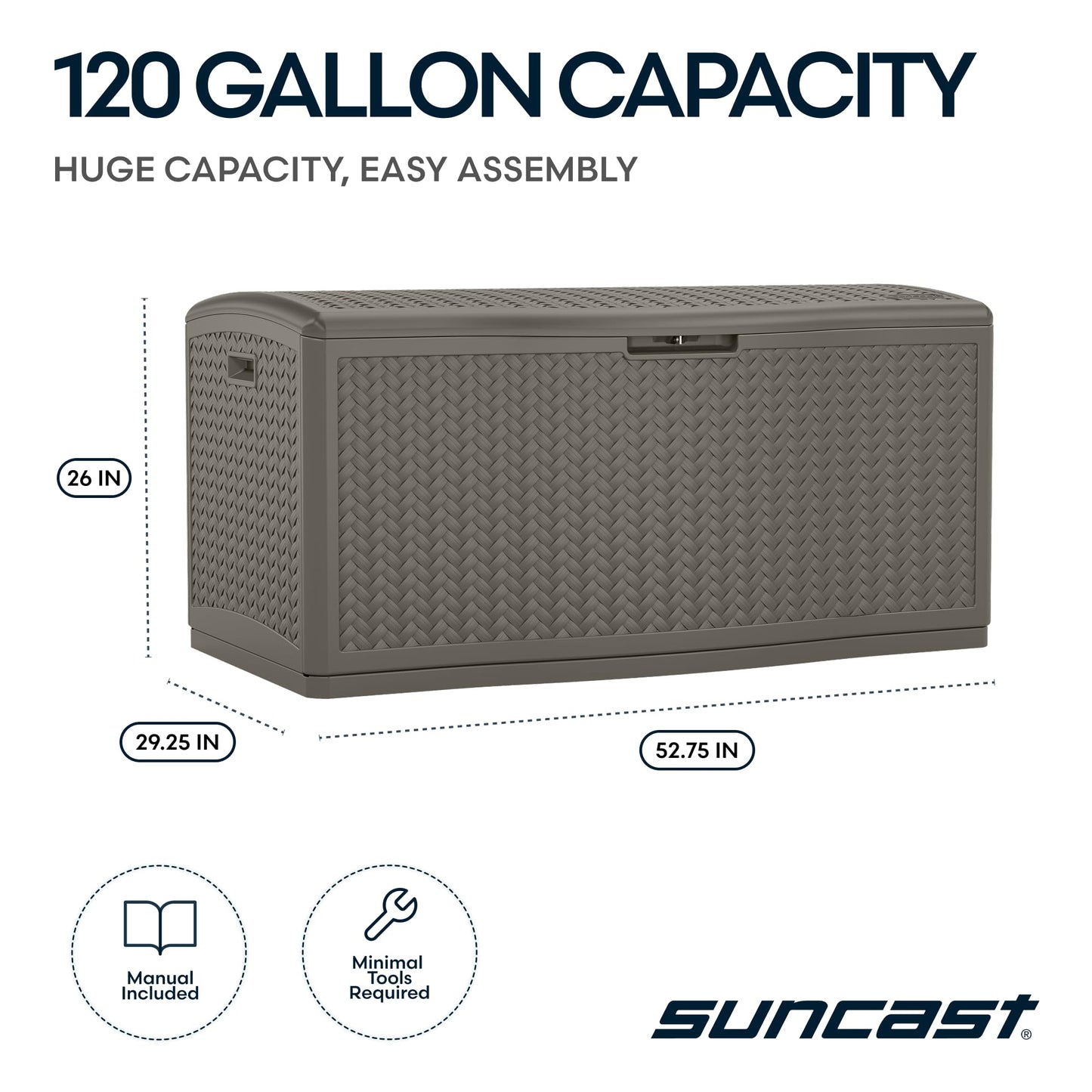 Suncast Extra Large Deck Box - 124 Gallon Resin Outdoor Storage Box with Lockable Lid for Outdoor Cushion Storage, & Garden Gear, Stoney Grey Wicker Bin for Patio, Porch, Pool, & Yard