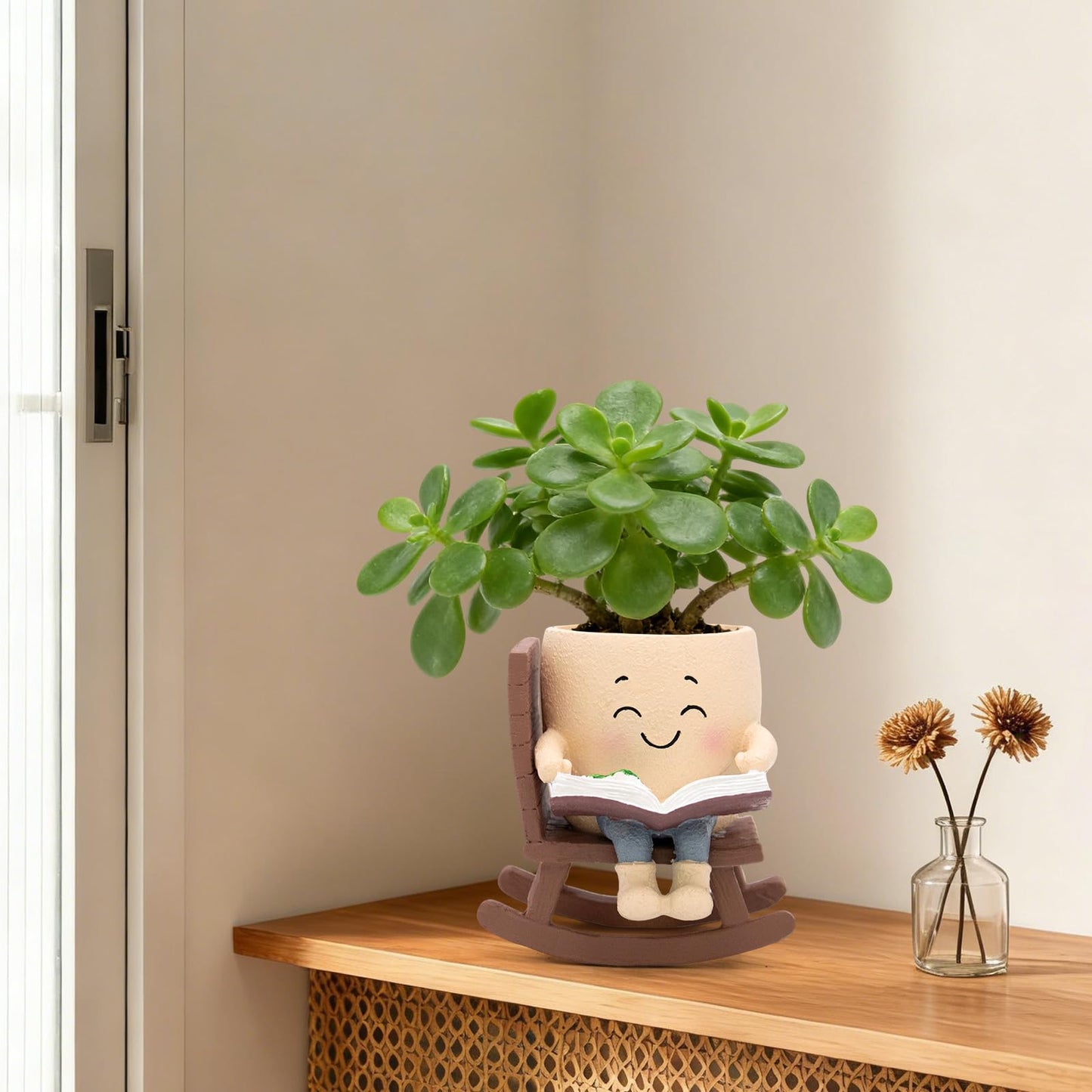 Toparad Smily Face Rocking Chair Reading Book Planter Pots with Drainage Hole, Cute Resin Flower Head Succulent Planters for Indoor Plants, Gift IdeaI for Mother Birthday Christmas