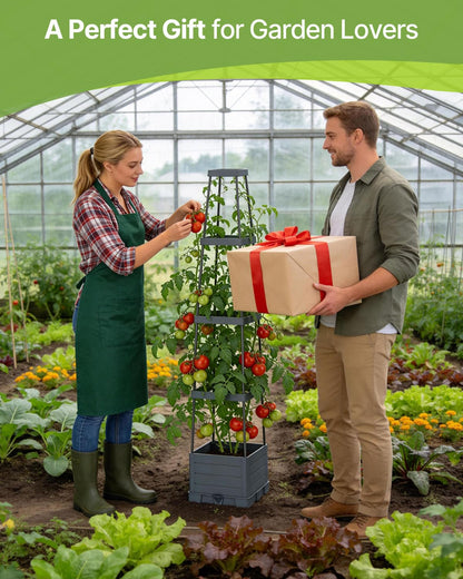 Suteck 1-Pack Raised Garden Bed Planter Box with Trellis, Self-Watering Tomato Planter with Adjustable Height Steel Support Frame for Climbing Plants, Tomato Cages for Patio, Balcony & Outdoor