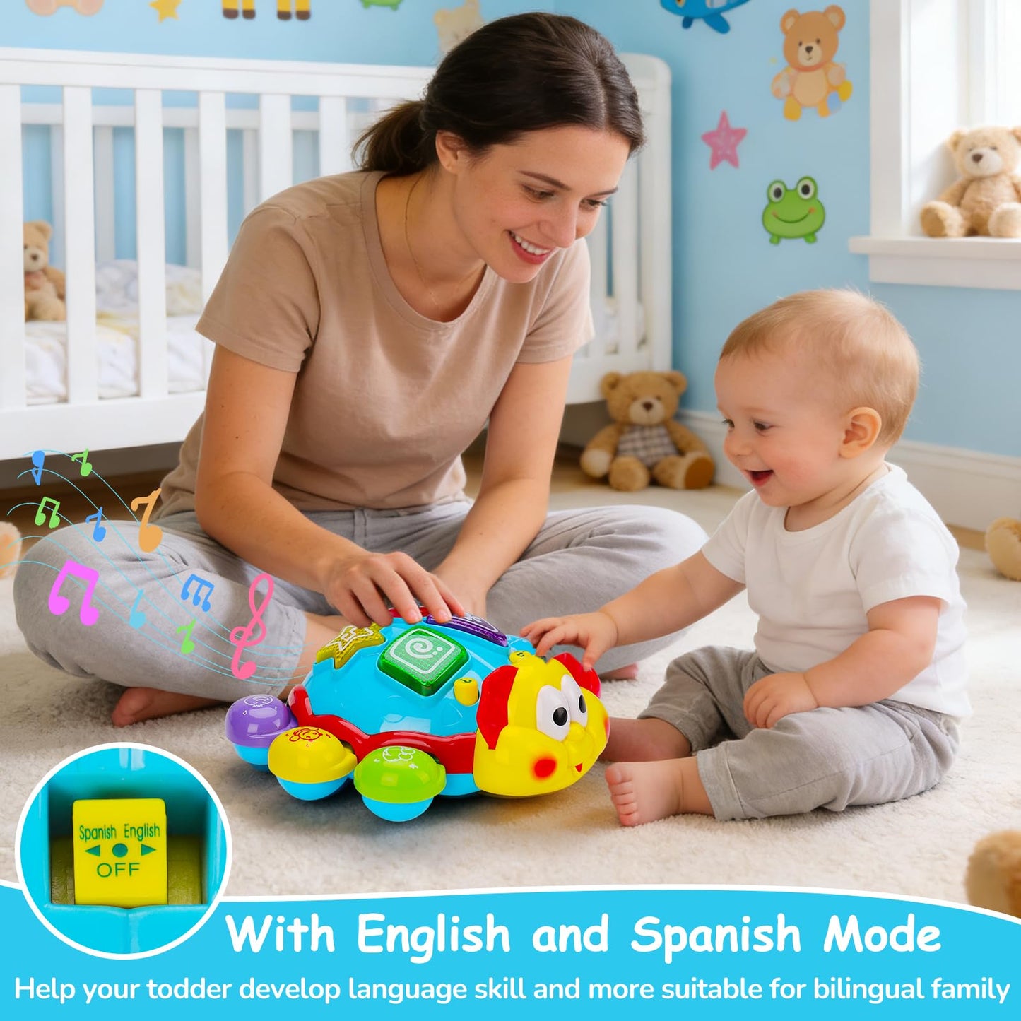 Baby Crawling Toys 6-12 Months, Musical Light Up Tummy Time Toy for Infant 0-6 7 8 9 10 Month Old, Toddler Spanish English Bilingual Learning Educational Development Gift 1 2 Year Old Boys Girls