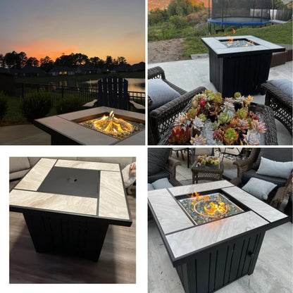 OutVue 30" Propane Fire Pit with Real Ceramic Tabletop, 50000 BTU Gas Firepit Table with Lid & Glass Rock, Outdoor Fire Pit for Dining or Party, Firepit for Outside, Patio, Garden, Yard