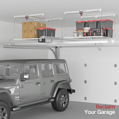 KOKORACKER Overhead Garage Storage Rack, Adjustable Heavy-duty 4x4 Ft Ceiling Storage Racks with Safety Lock, Ideal for Garage Storage Lifting Organization System, 250lbs Capacity, White