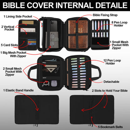 Large Bible Cover Case for Boys Mens, Book Carrying Case with Highlighters Tabs Pens, Bible Bag for Men Organizer, Bible Holder Bible Study Supplies Journaling Kit, Christian Gifts Black