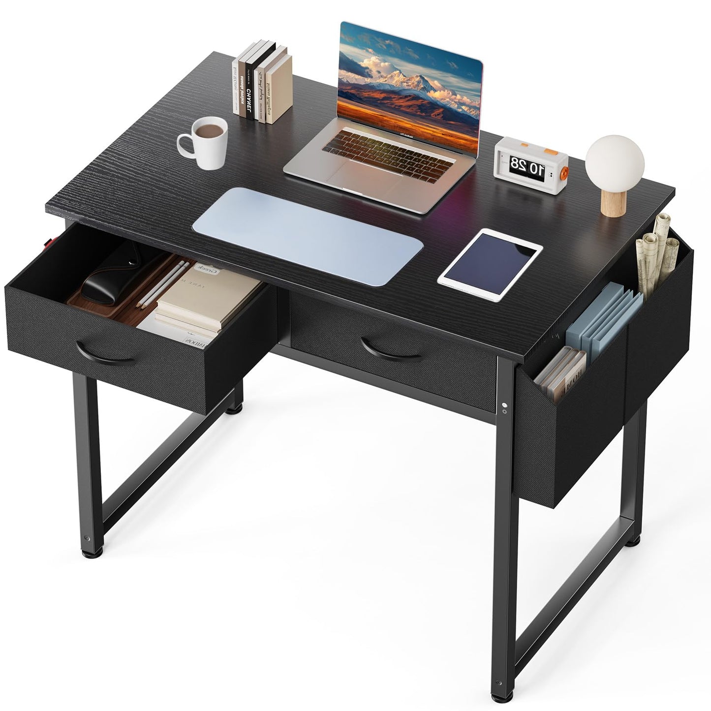 DUMOS 32" Home Office Computer Desk with Drawers, Small Gaming Writing Study Table with Storage Side Bag, Headphone Hook and Adjustable Feet for Bedroom Black