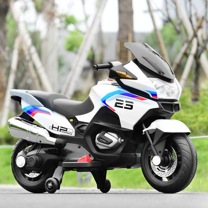 FUTADA Kids Ride on Motorcycle, 12V Kids Electric Motorcycle w/Training Wheels, Bright LED Light, Music, Foot Pedal, Battery Powered Tricycle Toy, Birthday Gift for Children, Girls Boys (White)