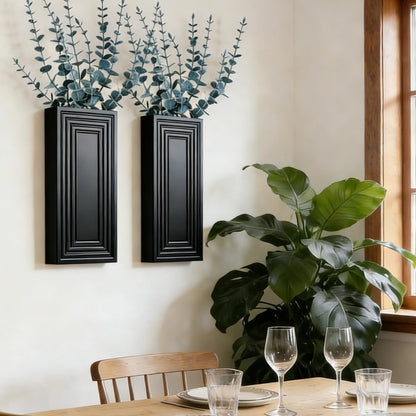 FancyPlus Wooden Wall Planter Vase, 2 Pack Black Wood Hanging Vases with Fake Eucalyptus for Indoor Modern Boho Farmhouse Wall Art Decor for Home Indoor Kitchen Modern Farmhouse Bathroom