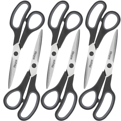 Black 6 Scissors Pack, Rkqoa 8" All Purpose Scissor - High Performance and Designed for Everyday use, Stainless Steel Shears Set with Comfort-Grip, Right/Left Handed