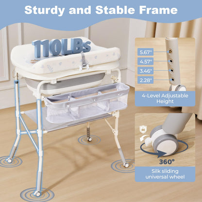 DZMDIP Baby Bathtub with Foldable Changing Table, Standing Infant Bath Tub for Newborn Toddler Shower, Portable Diaper Changing Station with Stand
