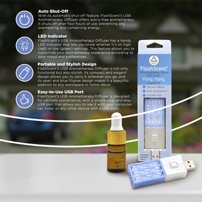 Belle Aroma® FlashScent™ USB Aromatherapy Bundle - for Car, Office, Home, and Travel - Includes 1 Serenity Blue Ylang Ylang Oil Diffuser Kit, 1 Lavender FlashScent Essential Oil, and 7 Refill Pads